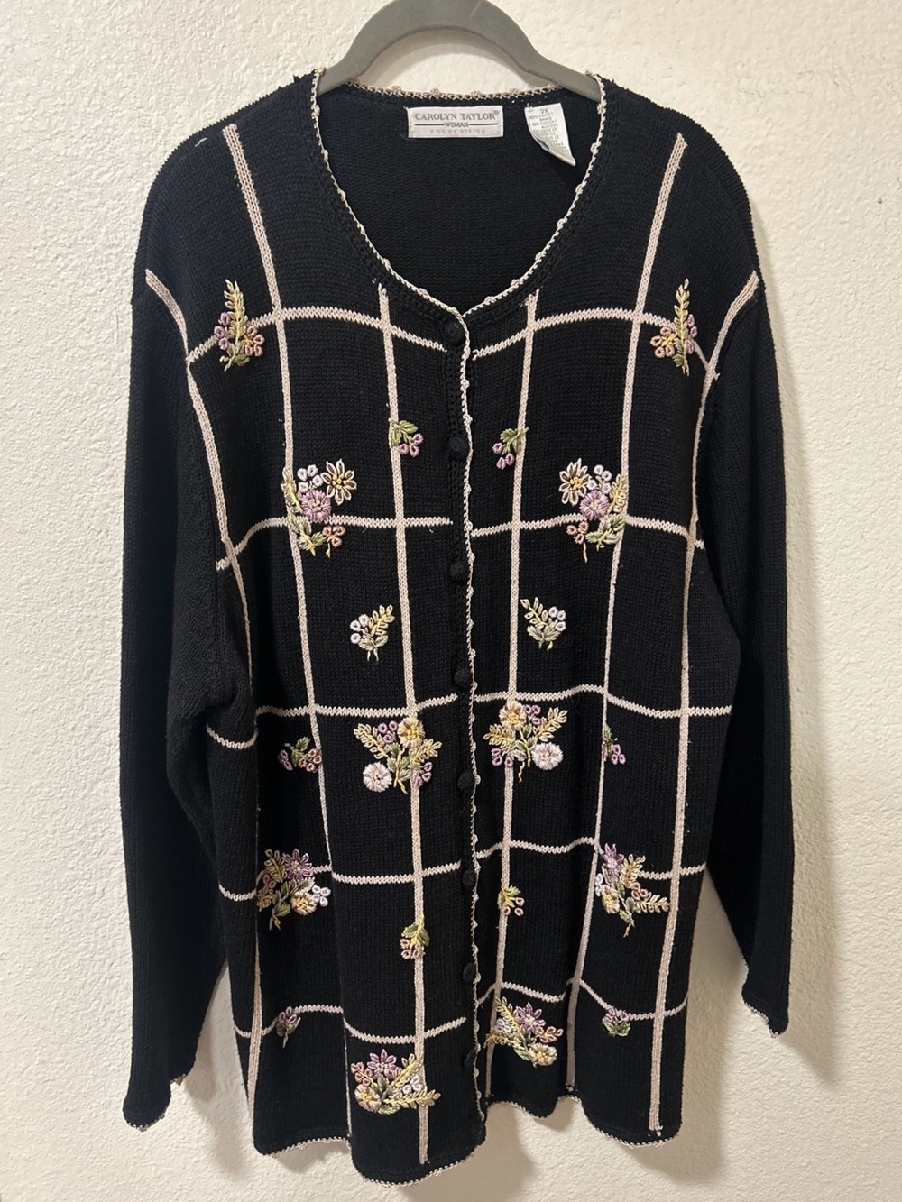Carolyn Taylor Black Grid Cardigan with Pink & Green Floral Embroidery